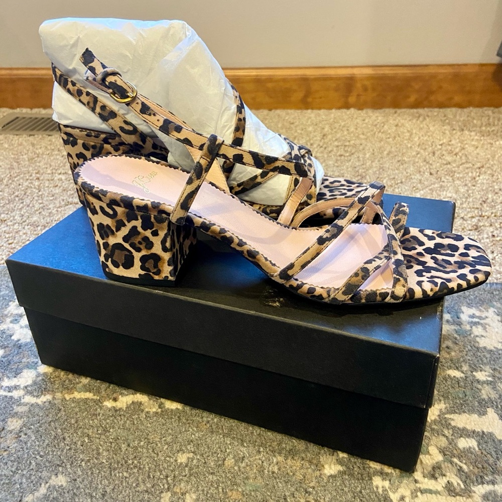 J Crew leopard suede block heel sandal